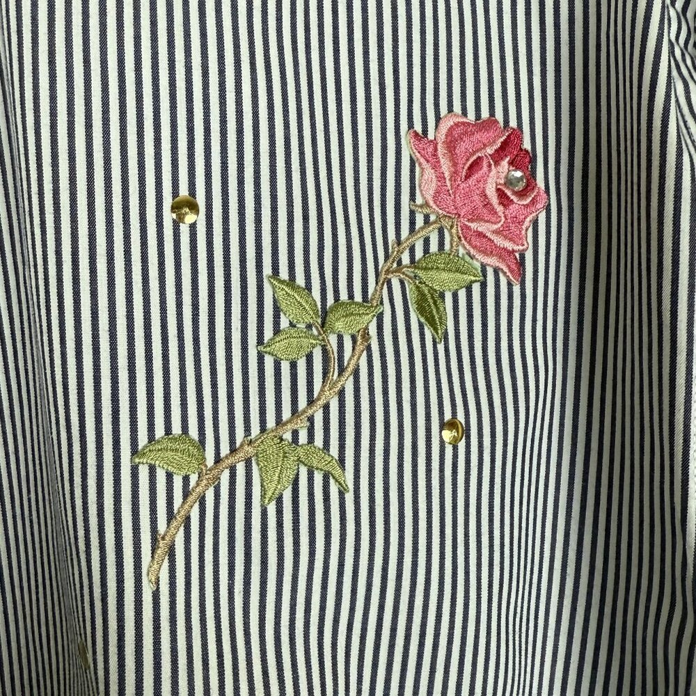 Cactus California Vtg 90s Shirt Women’s L/XL Blue White Stripe Embroidered Rose - Picture 13 of 14